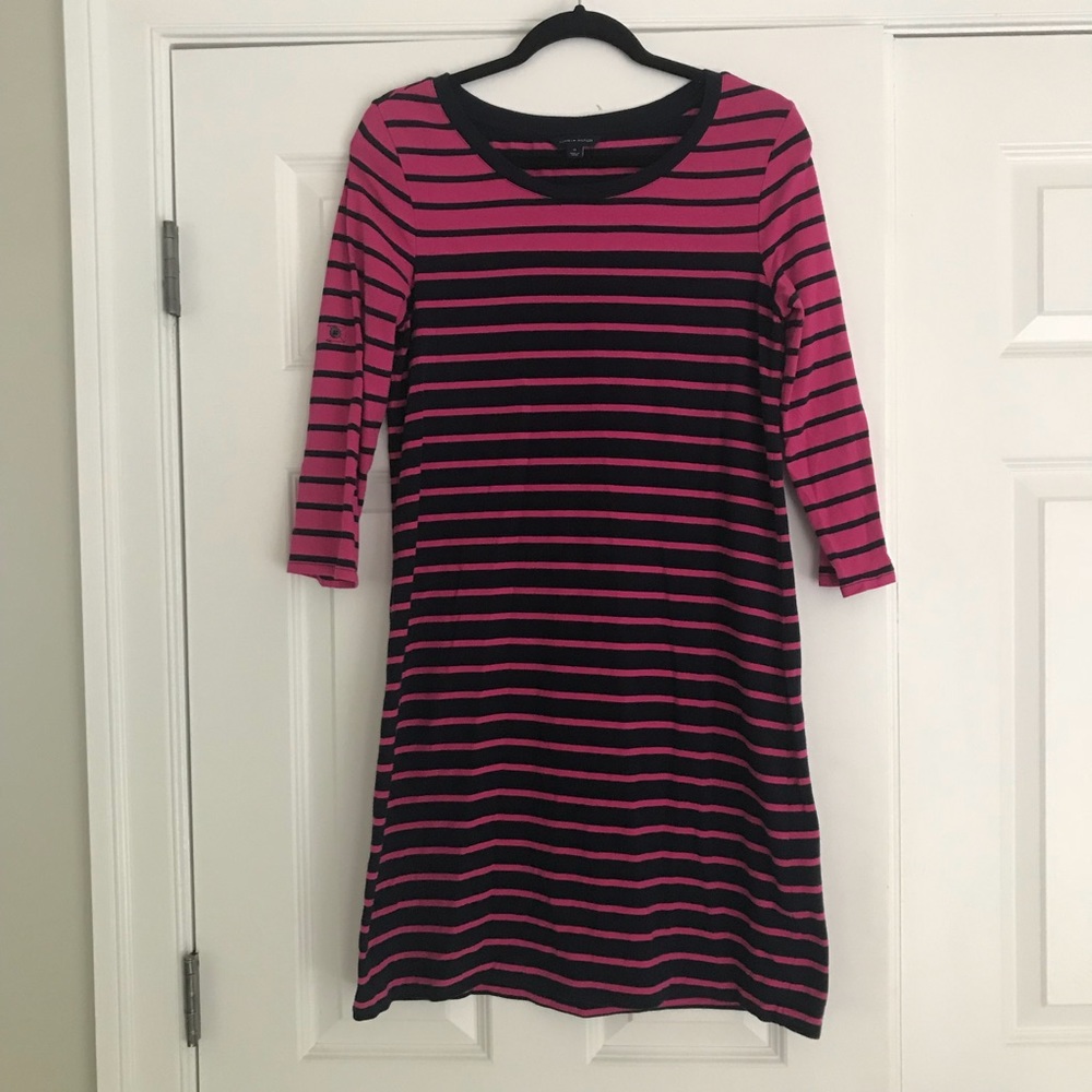 Tommy Hilfiger preppy pink and navy striped knit dress size medium 3/4 sleeve
